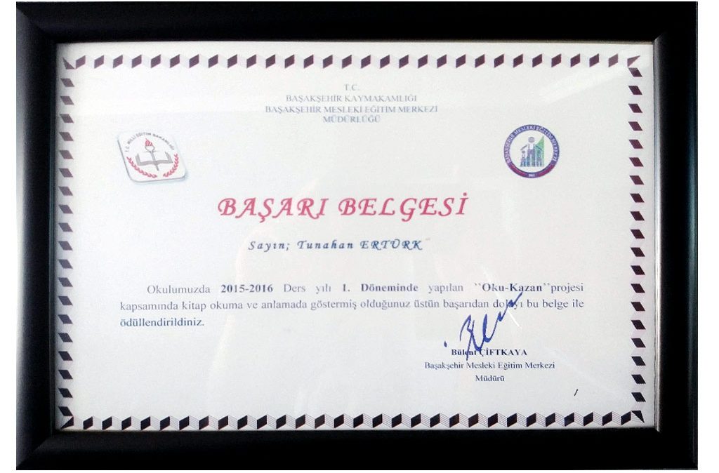 Başakşehir Mesleki Eğitim Merkezi Başarı Belgesi – Tunahan Ertürk