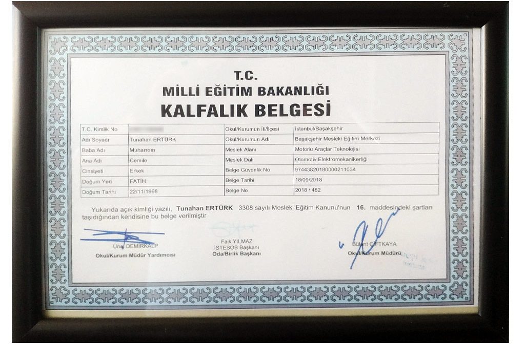 Milli Eğitim Bakanlığı Kalfalık Belgesi – Tunahan Ertürk