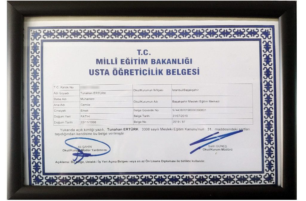 Milli Eğitim Bakanlığı Usta Öğreticilik Belgesi – Tunahan Ertürk