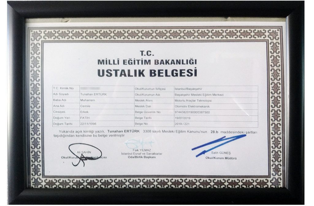 Milli Eğitim Bakanlığı Ustalık Belgesi – Tunahan Ertürk